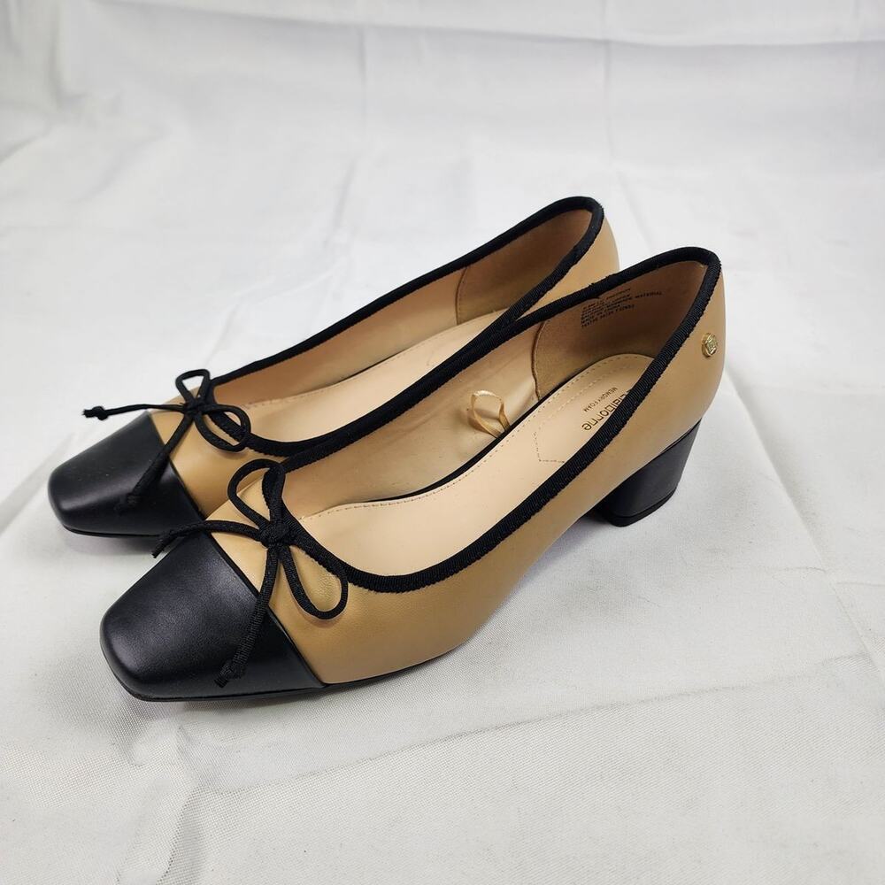 Liz Claiborne Adeline Women's Block Heel Pumps Black Tan Cap Toe Size 9.5W